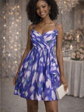 Purple Blue Abstract Print Dress | Flowy Fit & Flare Mini | 100% Silk | Size 8